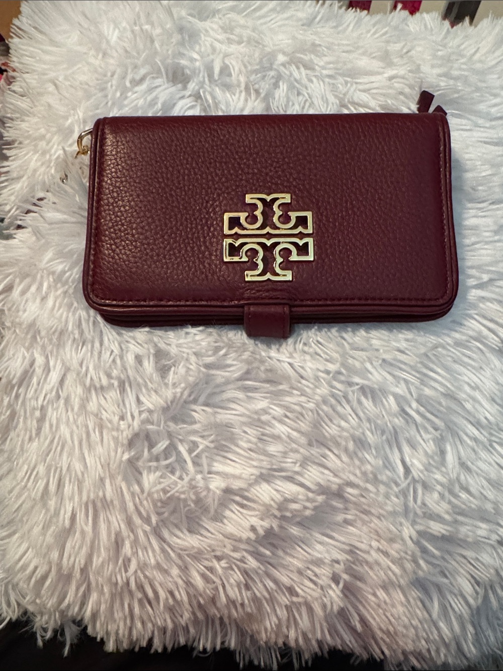 Tory Burch Wine Red Pebbled Leather Phone Case with Gold Logo